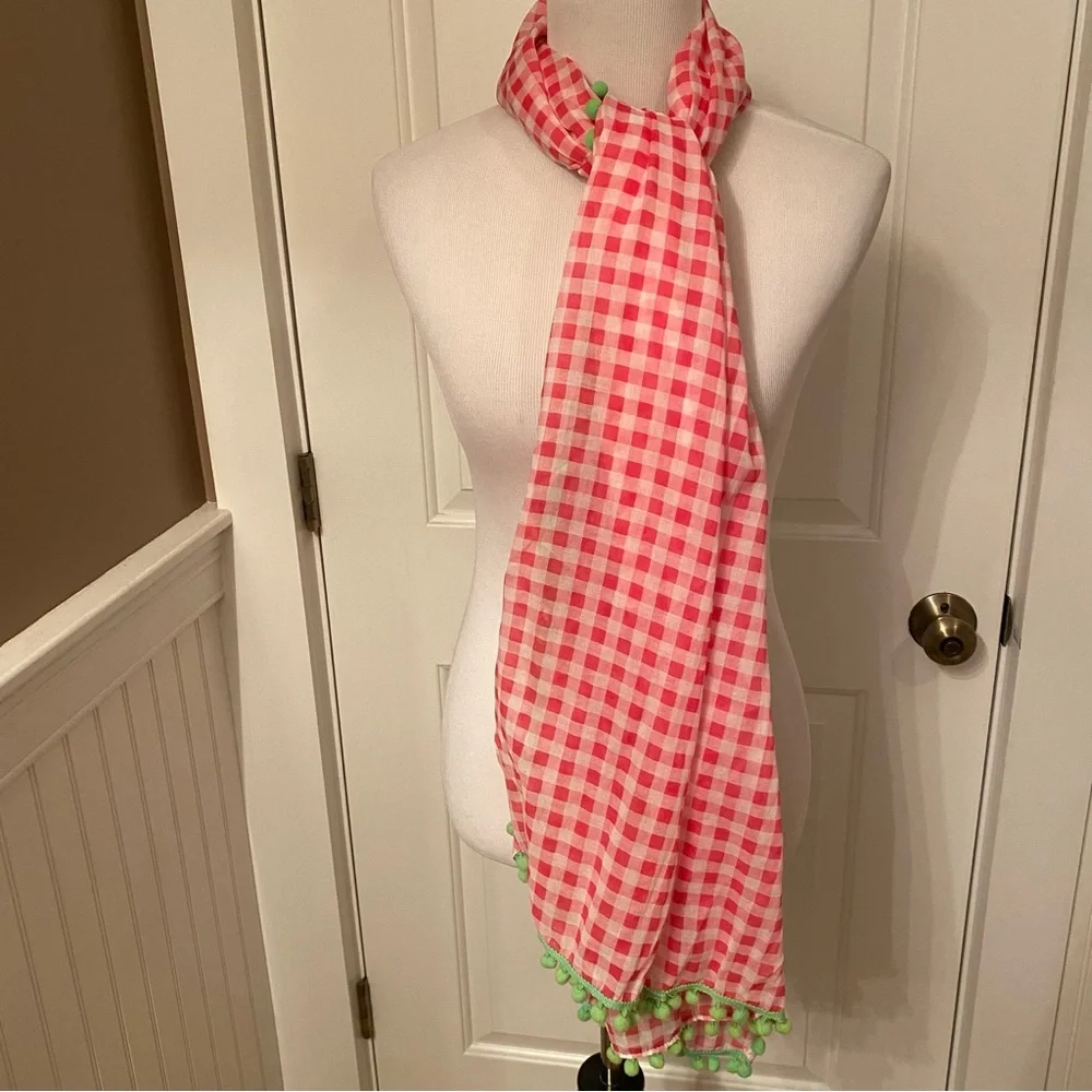VINEYARD VINES SCARF PINK WHITE GINGHAM CHECK GREEN POM POMS LONG RECTANGLE WRAP